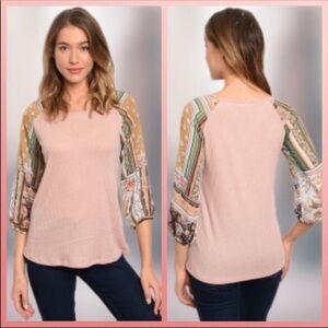 Les Amis Boho Shirt Blush Waffle Top Sheer Sleeves